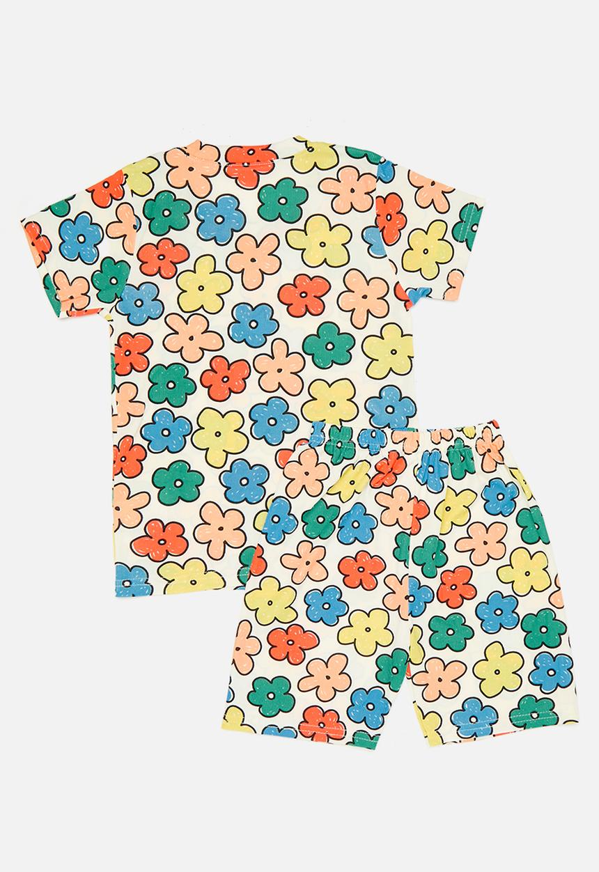 Pop Candy - Floral all-over print rib knit pj set - off white