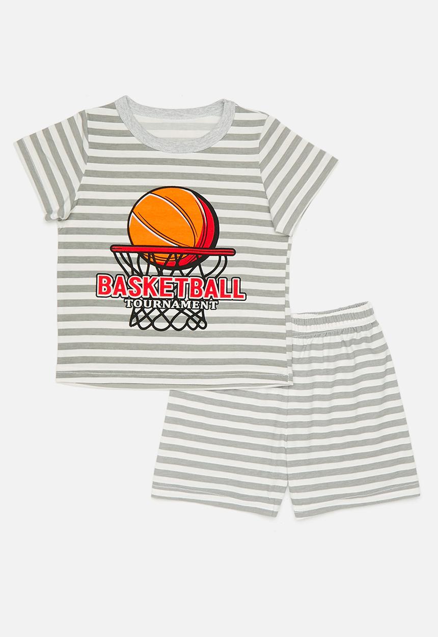 Pop Candy - Graphic and slogan print pj top with shorts - grey stripes/basketball