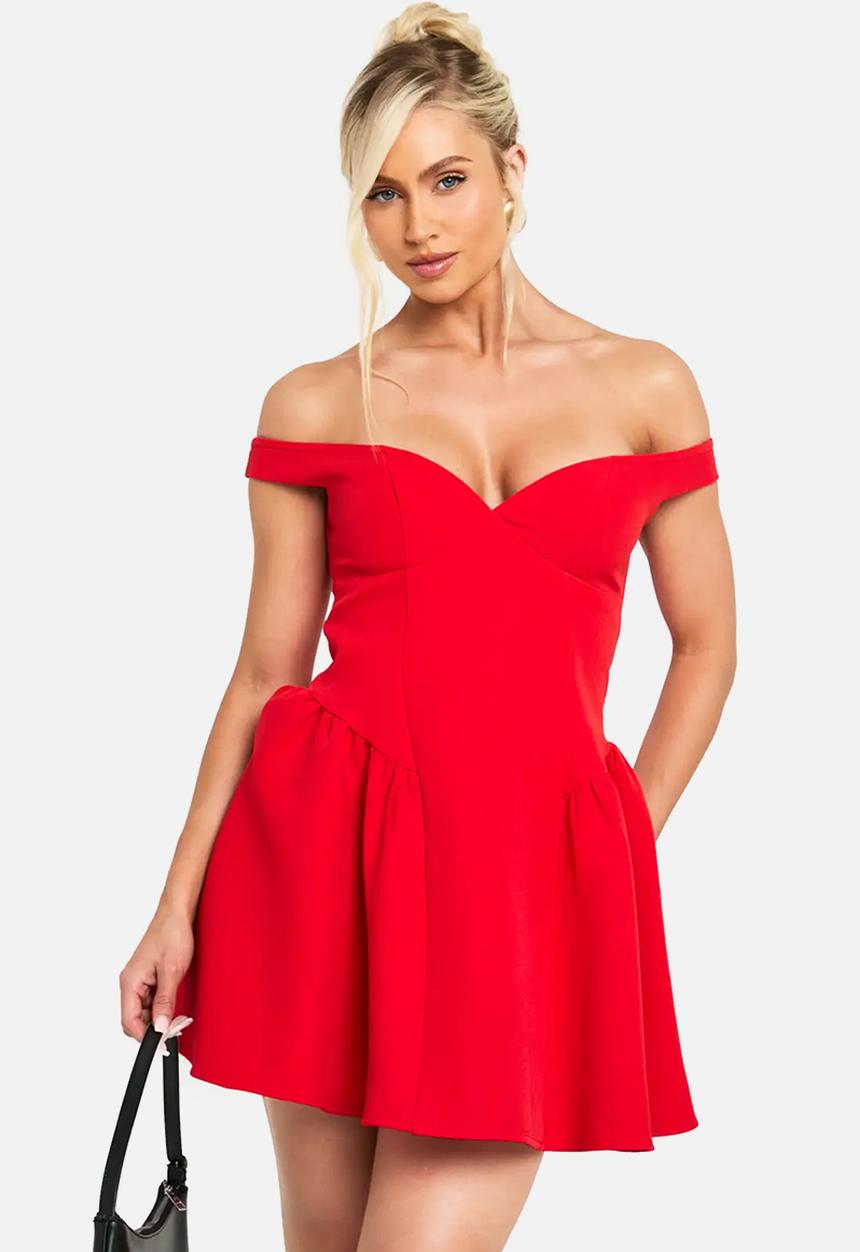 boohoo - Bardot structured volume skater mini dress - red
