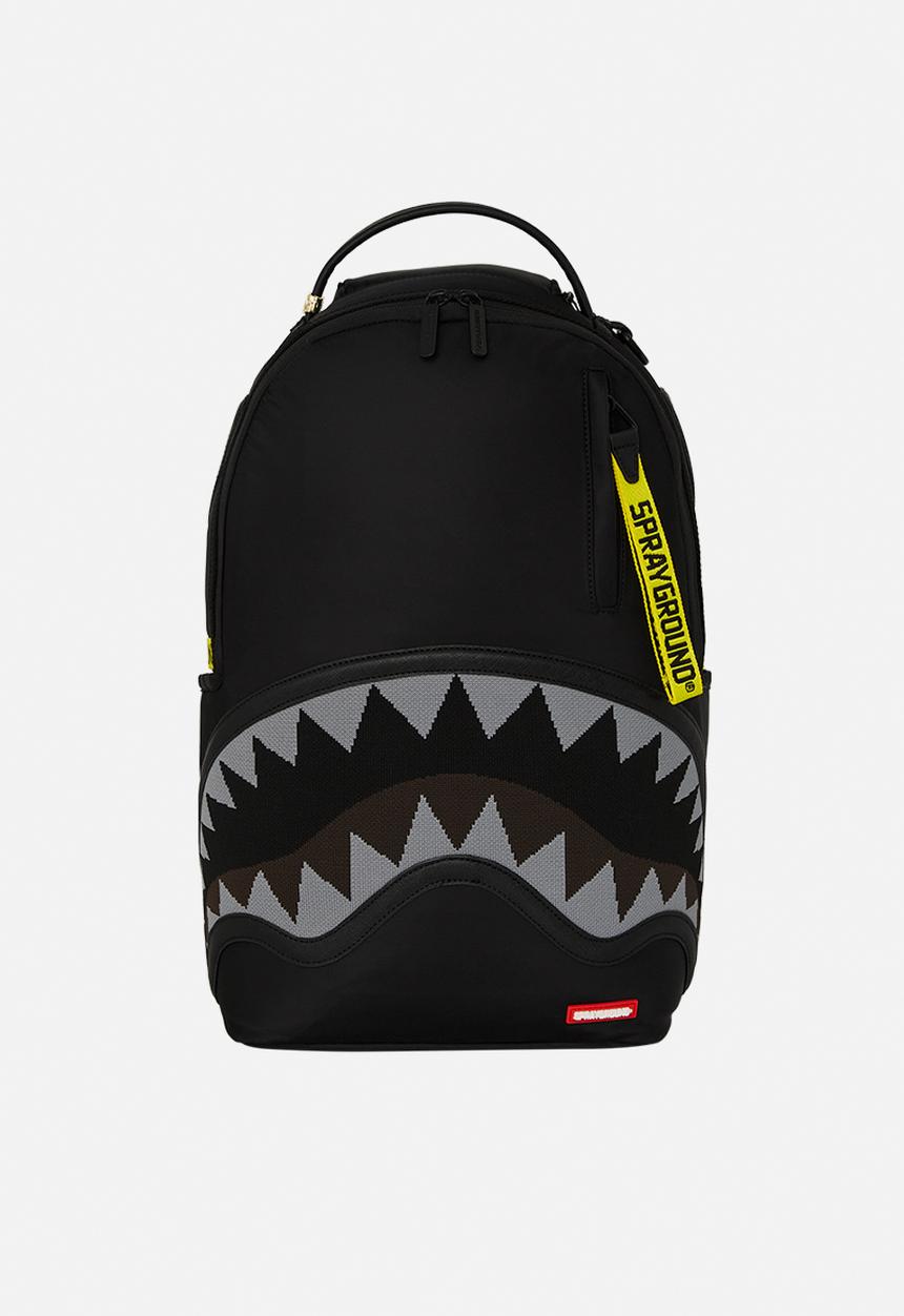 Sprayground - Shark central yellow tape dlx satin backpack- black