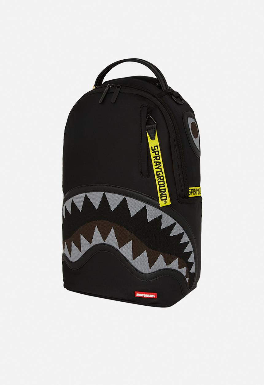 Sprayground - Shark central yellow tape dlx satin backpack- black