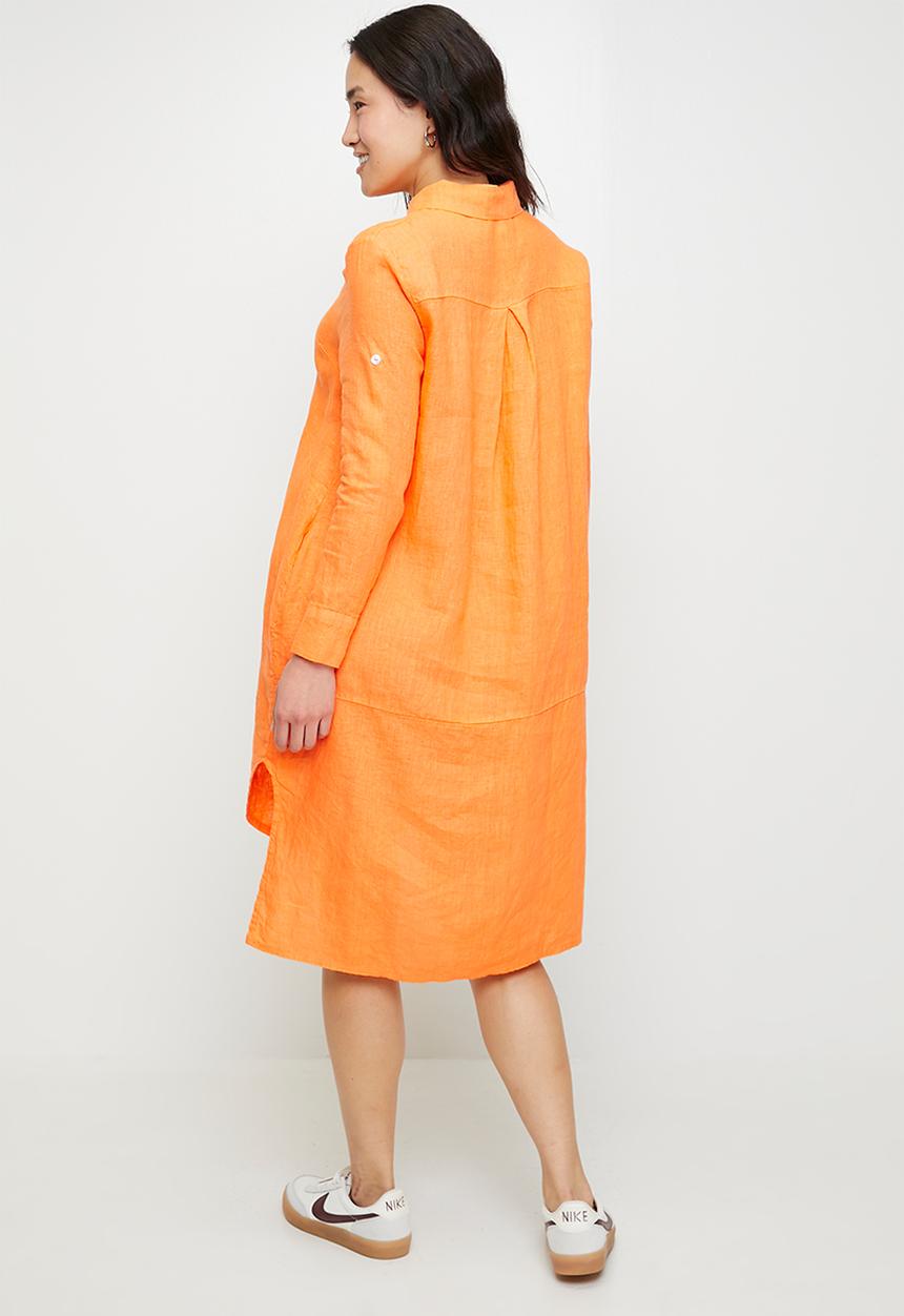 Stella Morgan - Linen Midi Dress With Front Scoop - Orange
