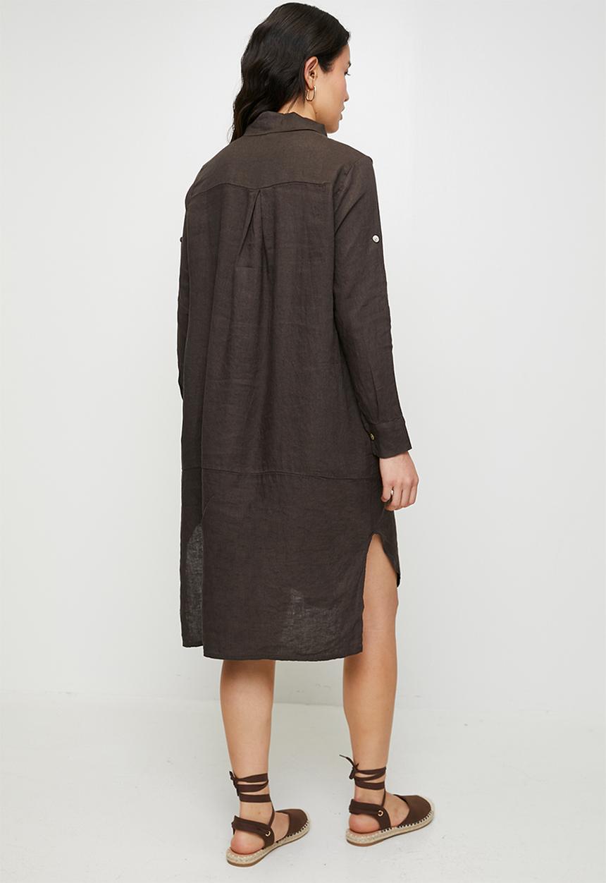 Stella Morgan - Linen Midi Dress With Front Scoop - Chocolate