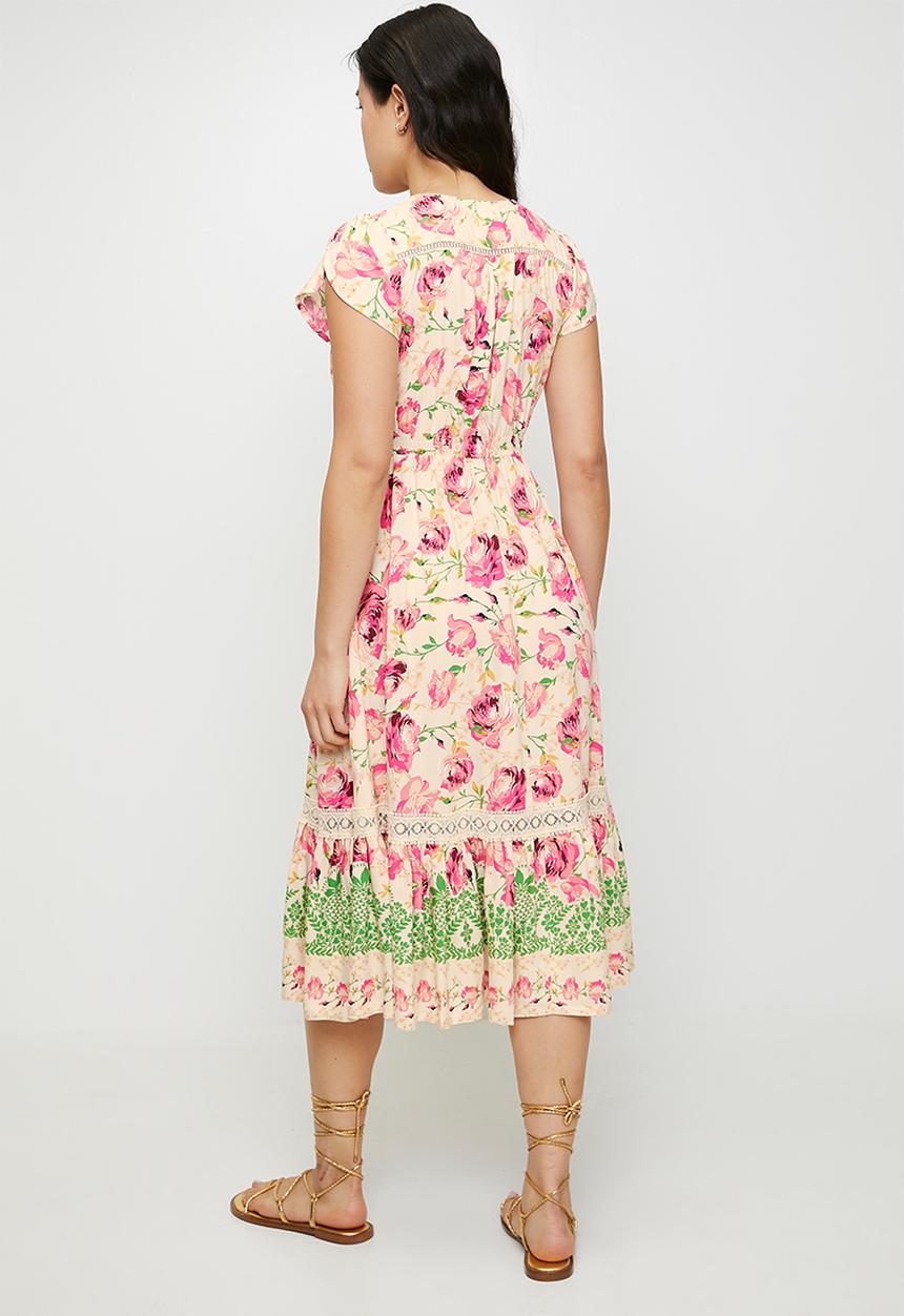 Stella Morgan - Cap flutter sleeve floral print midid dress with ladder lace detail  - pink multi floral
