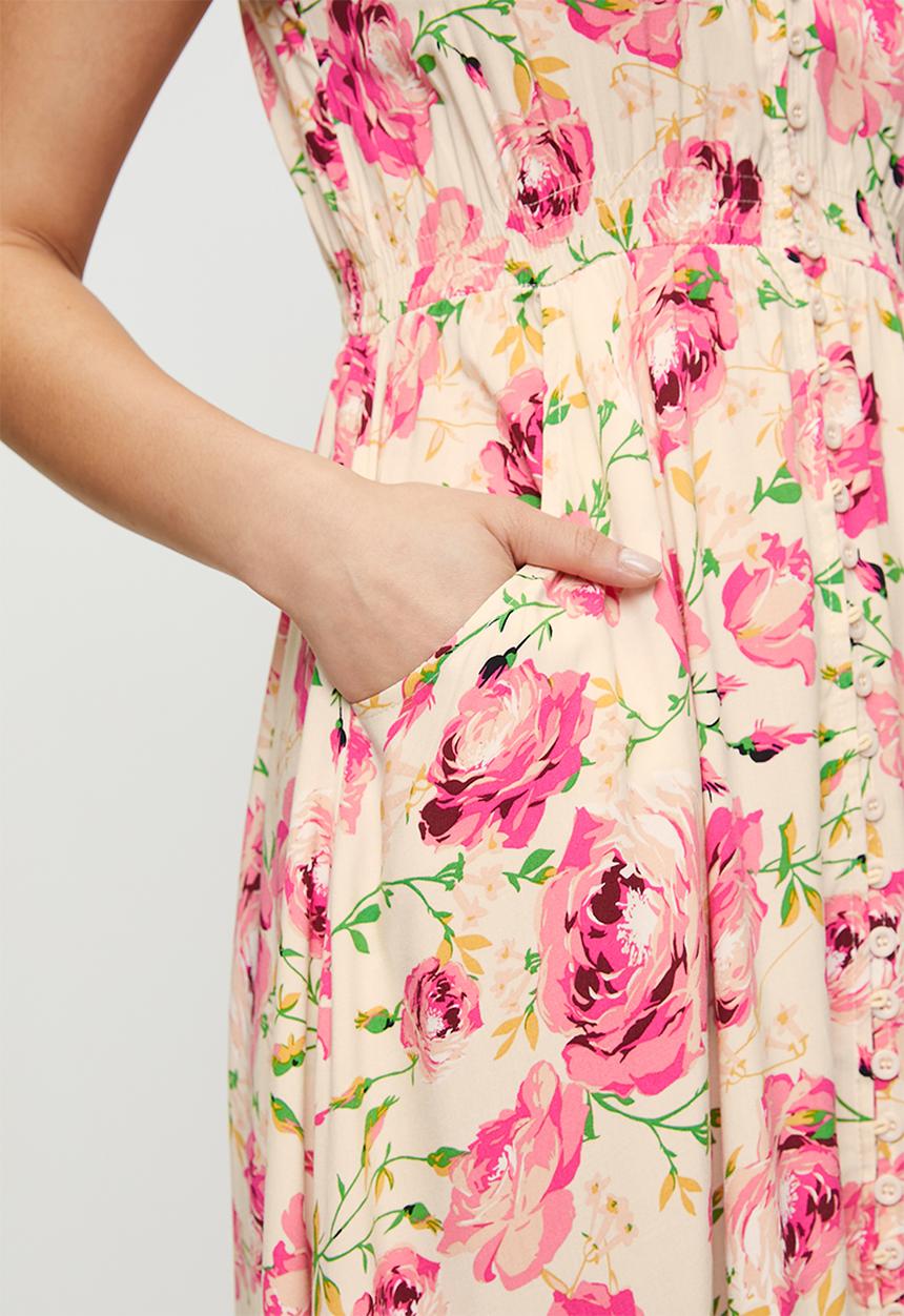 Stella Morgan - Cap flutter sleeve floral print midid dress with ladder lace detail  - pink multi floral