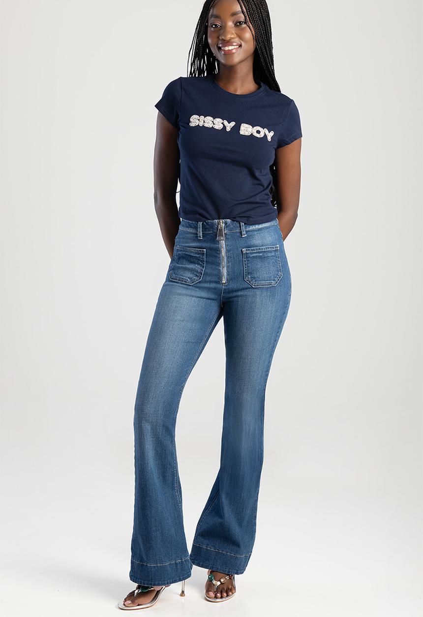 SISSY BOY - Ingrid: High Waist Flare With An Exposed Front Zip  - Med Vintage