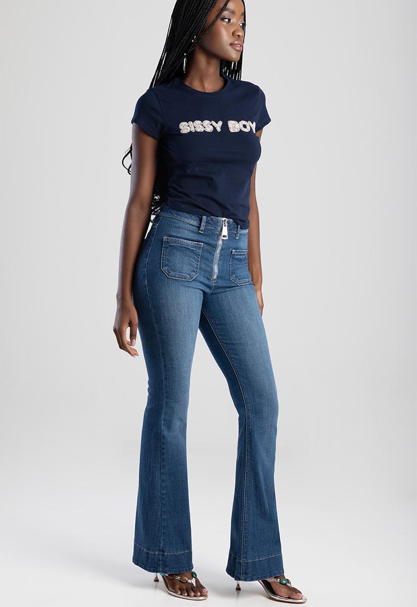 SISSY BOY - Ingrid: High Waist Flare With An Exposed Front Zip  - Med Vintage