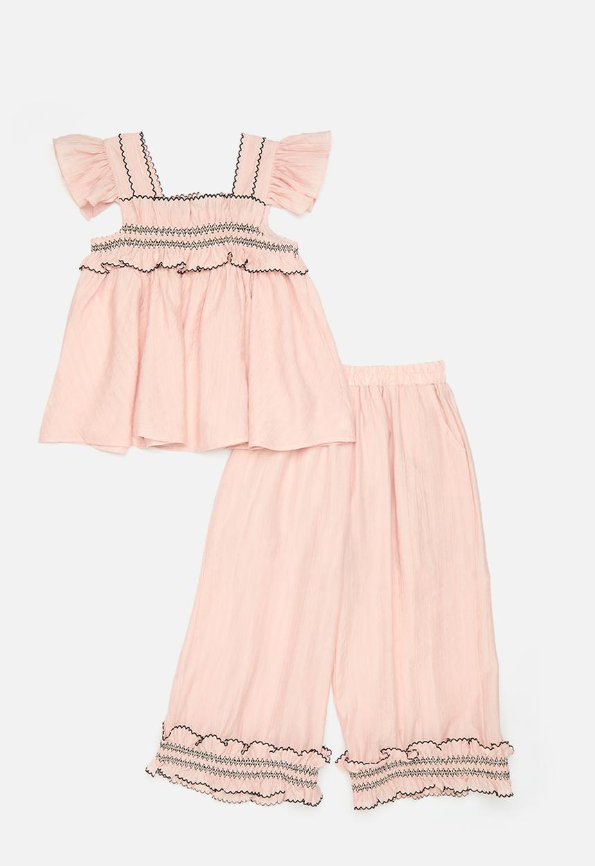 Pop Candy - Contrast stitched smocked top with matching pants - pink