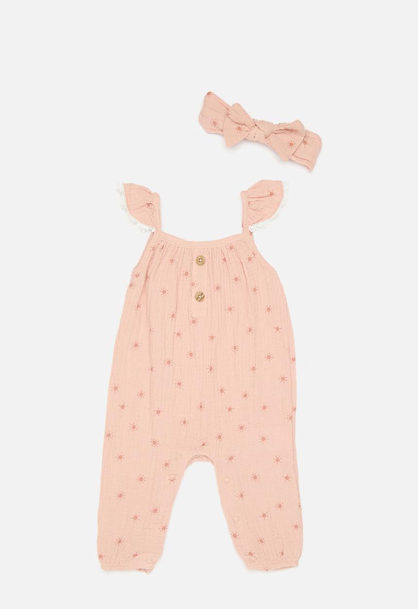 Pop Candy - Flutter sleeve jumpsuit with headband - pink/heart aop