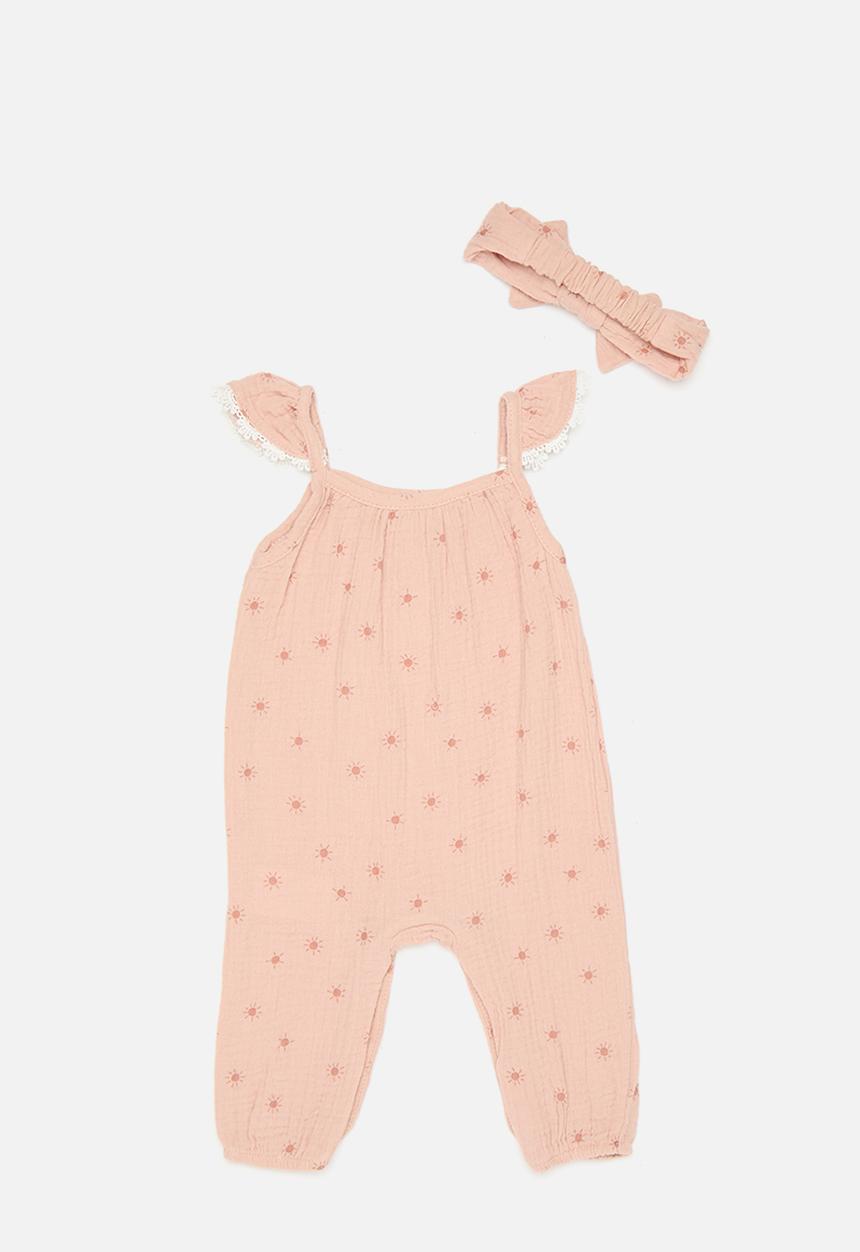 Pop Candy - Flutter sleeve jumpsuit with headband - pink/heart aop