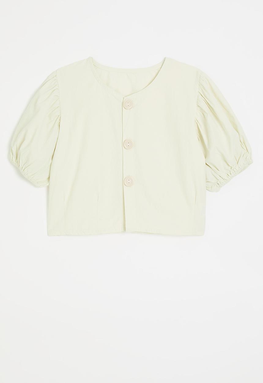 Pop Candy - Collarless button-up top with puff sleeves - ivory