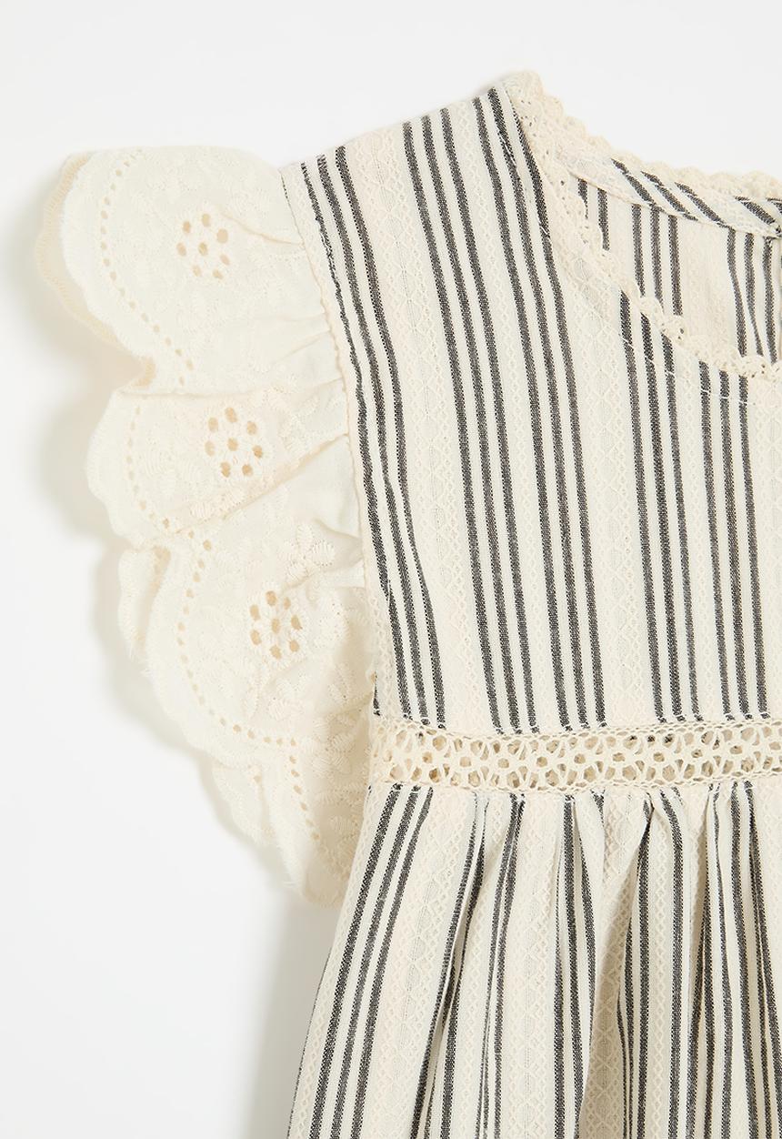 Pop Candy - Frilled anglaise sleeve top - off white/ black stripes