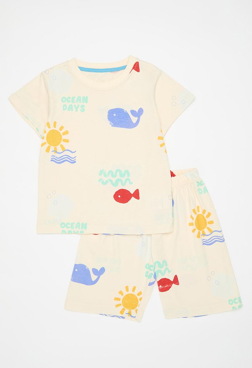 Pop Candy - Slogan and sea themed all-over print pj set - cream/ocean days