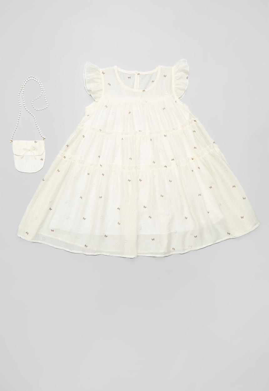 Pop Candy - Tiered tent dress with pearl strapped pouch - cream/bow aop