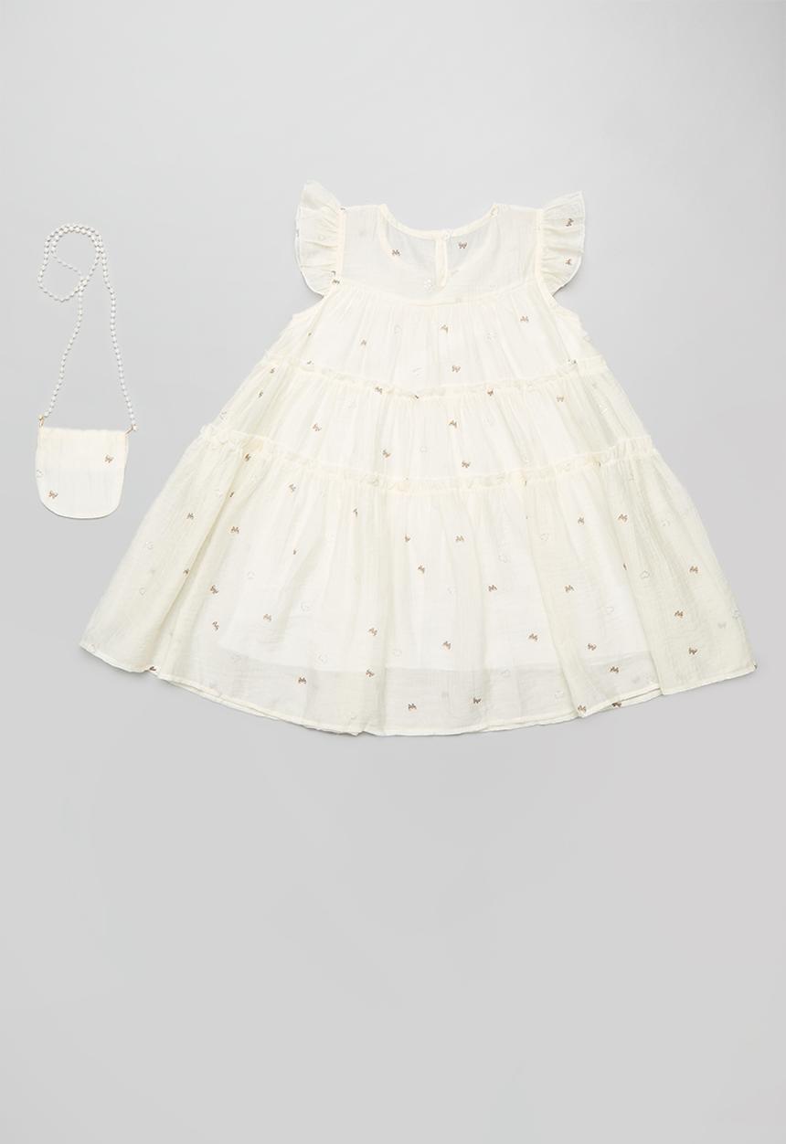 Pop Candy - Tiered tent dress with pearl strapped pouch - cream/bow aop