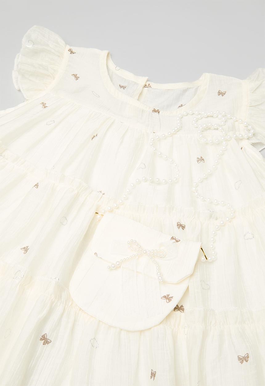 Pop Candy - Tiered tent dress with pearl strapped pouch - cream/bow aop