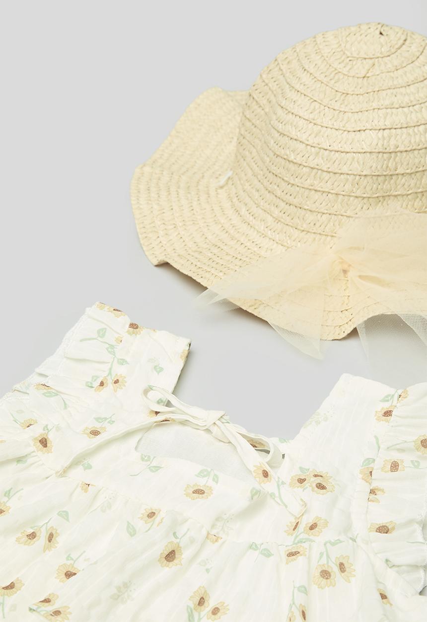 Pop Candy - Yellow floral tiered dress with tulle bow sun hat - multi