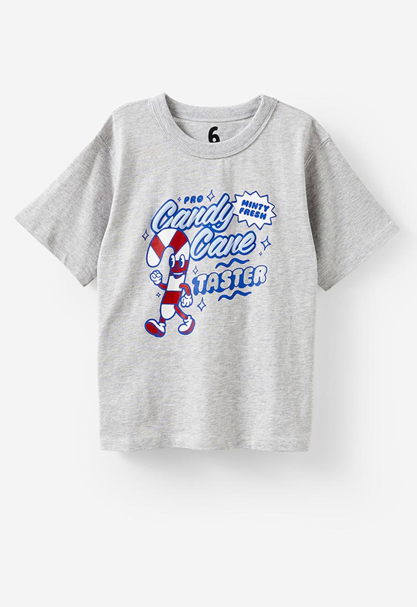 Cotton On - Poppy oversize graphic print tee - grey marle/xmas candy cane taster