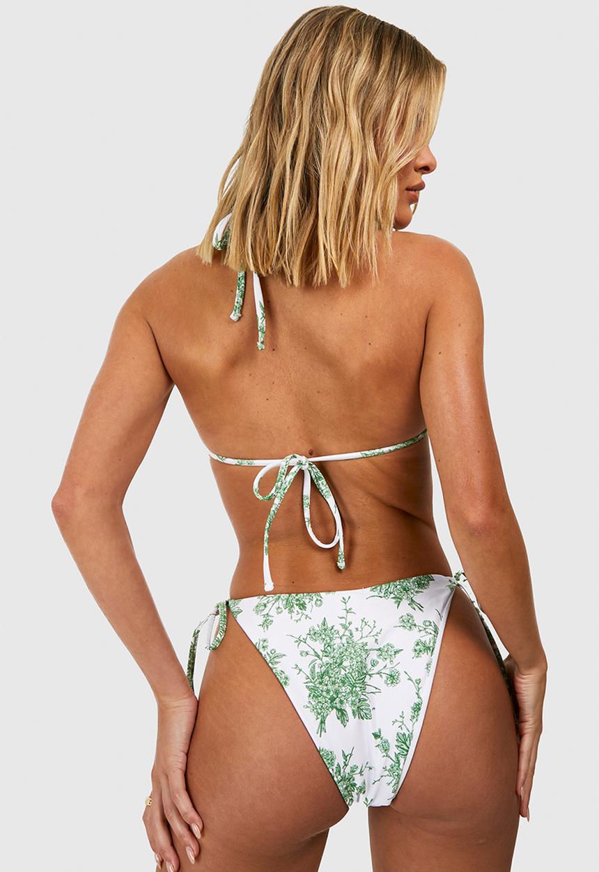 boohoo - Floral Print Padded Triangle Bikini Top & Tie Side Bikini - Green