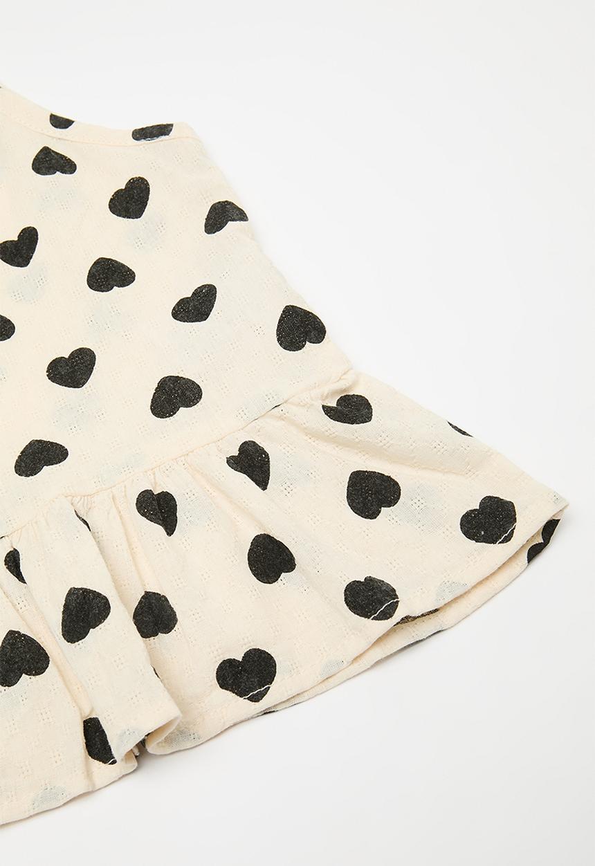 Pop Candy - Swiss dot fabric top with bloomer shorts - parchment white/hear aop