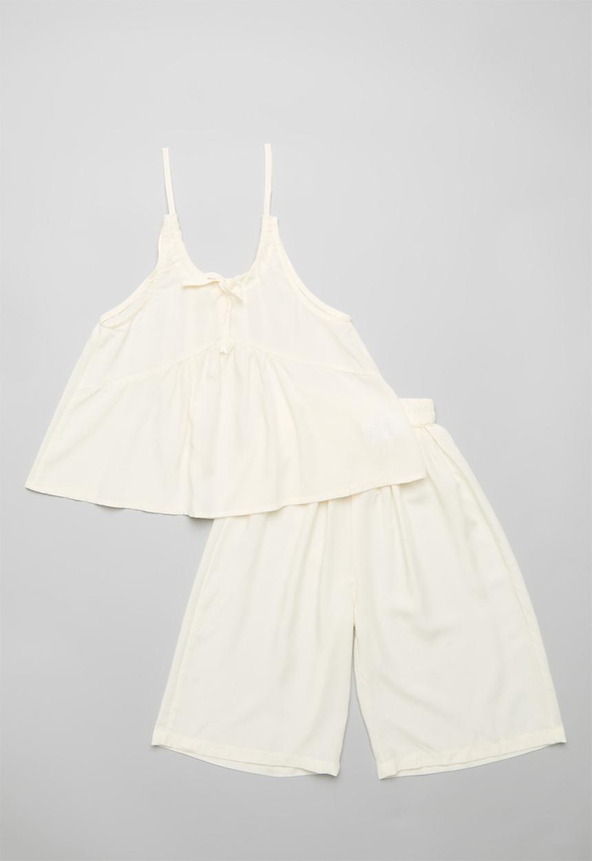 Pop Candy - Gathered shoulder tie top with wide leg capri pants - cream