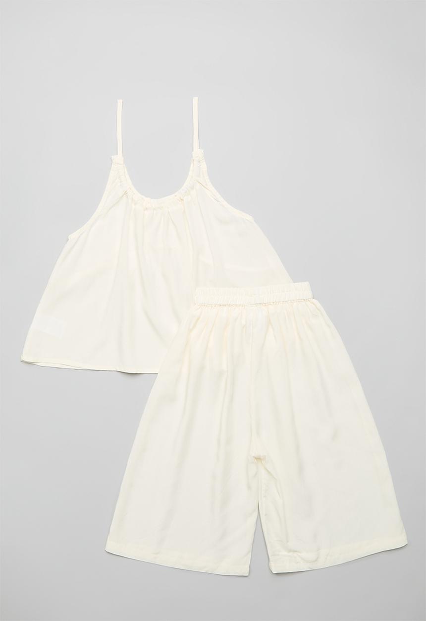 Pop Candy - Gathered shoulder tie top with wide leg capri pants - cream
