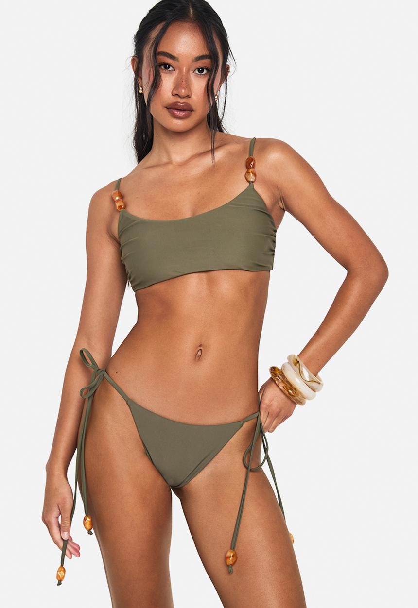 boohoo - Resin Stone Tie Side Bikini Bottoms - Khaki