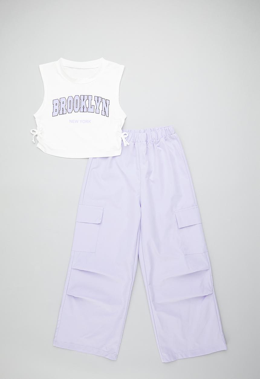 Pop Candy - Side ruched tee with wide leg cargo pants - white/lilac