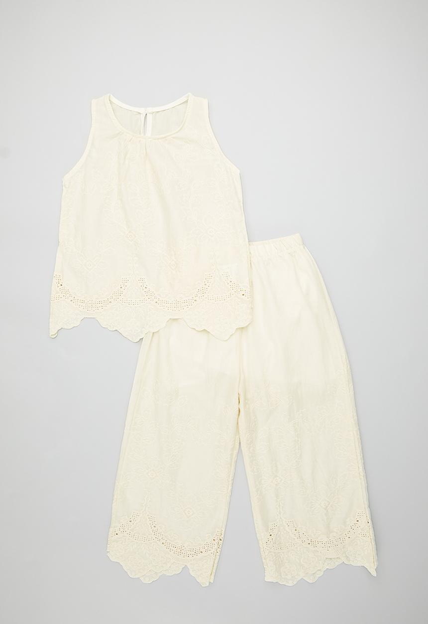Pop Candy - Lace-trimmed anglaise blouse with matching pants - lemon chiffon