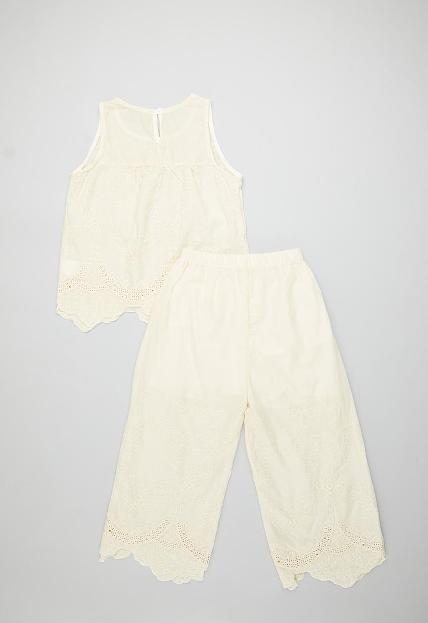 Pop Candy - Lace-trimmed anglaise blouse with matching pants - lemon chiffon