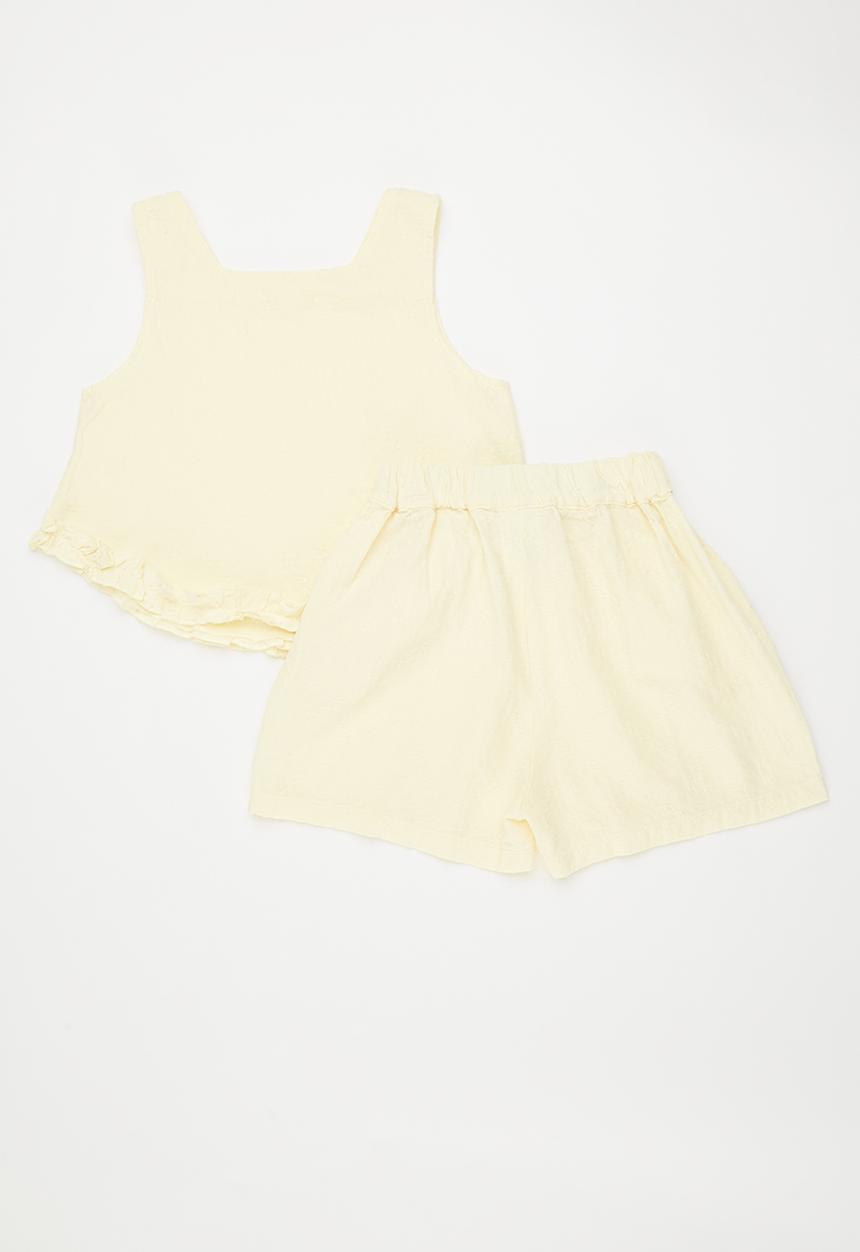 Pop Candy - Square neck ruffle hem top with semi-slit shorts - butter yellow