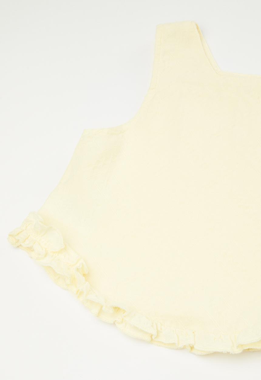 Pop Candy - Square neck ruffle hem top with semi-slit shorts - butter yellow