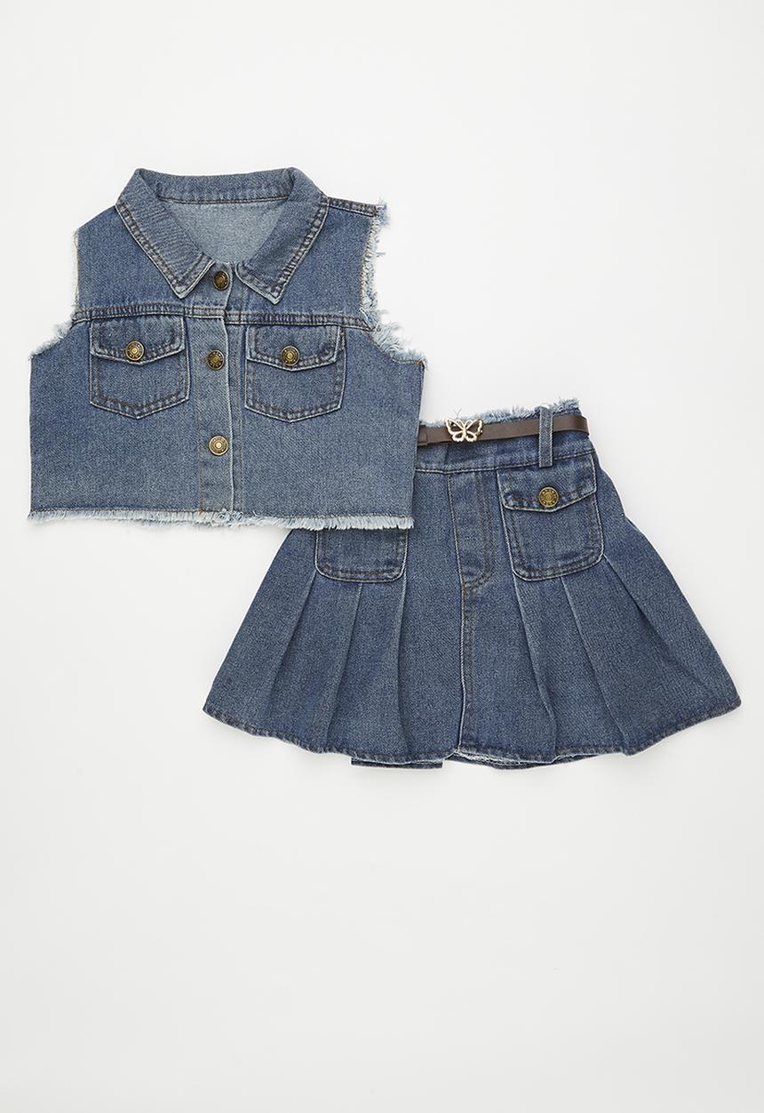 Pop Candy - Frayed denim vest with pleated skirt - blue