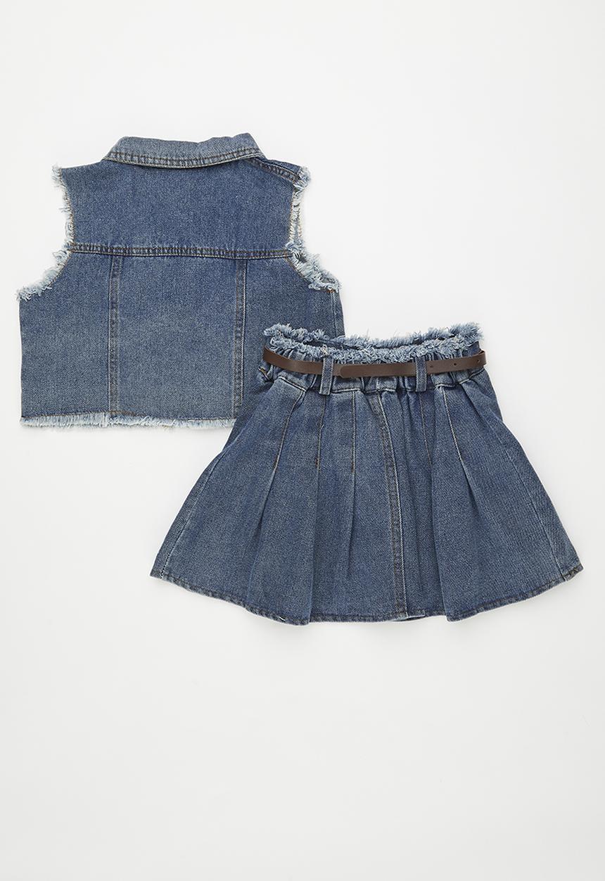 Pop Candy - Frayed denim vest with pleated skirt - blue