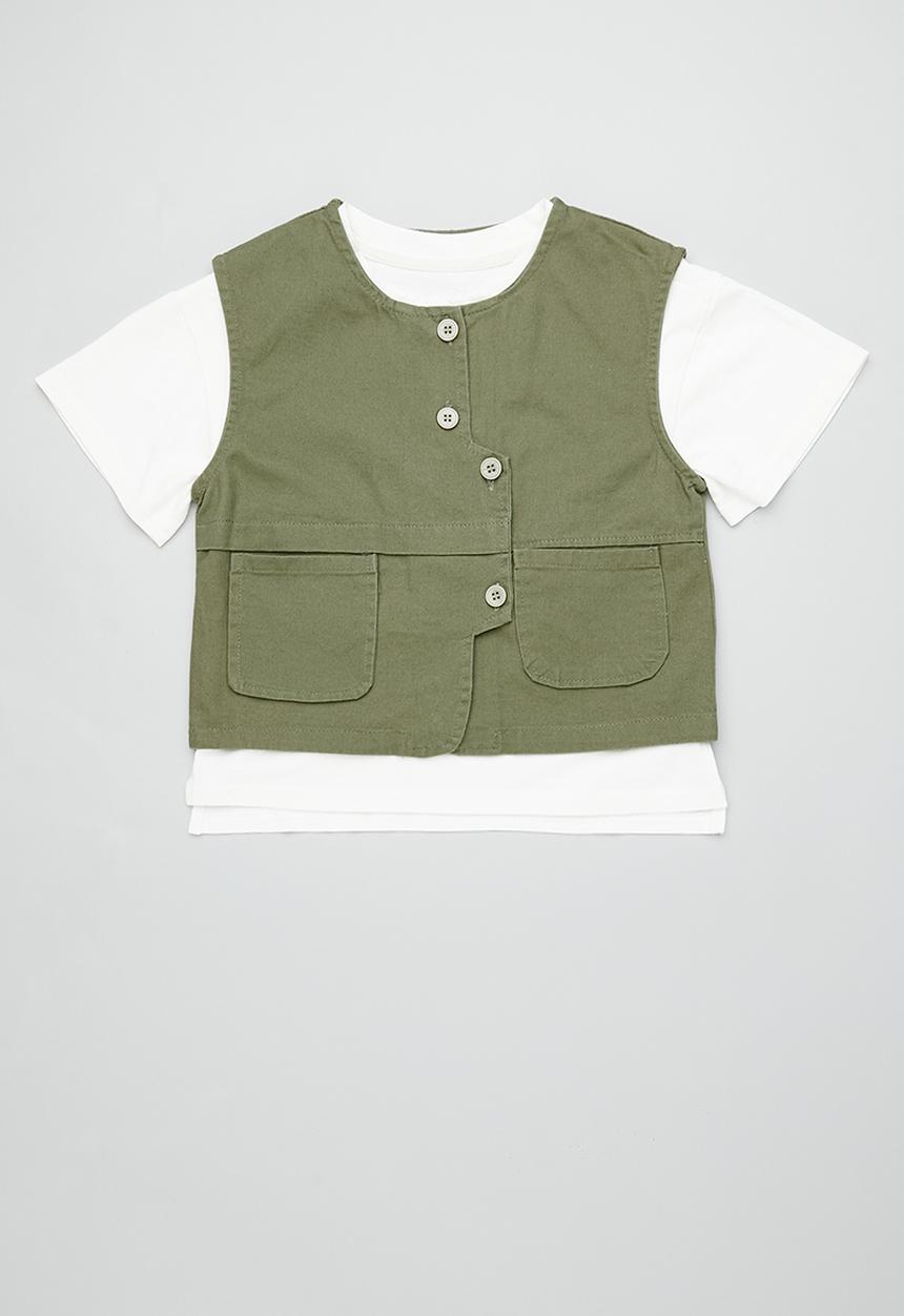 Pop Candy - Stylised button closure vest with square patch tee - green/white