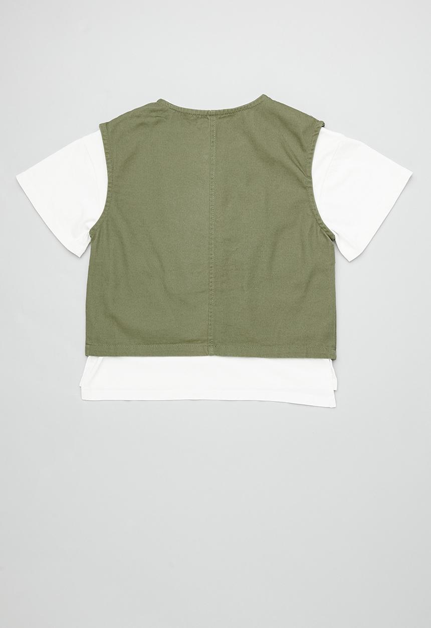 Pop Candy - Stylised button closure vest with square patch tee - green/white