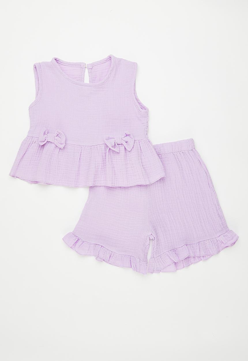 Pop Candy - Peplum top with bow detail & frilled hem shorts - lilac