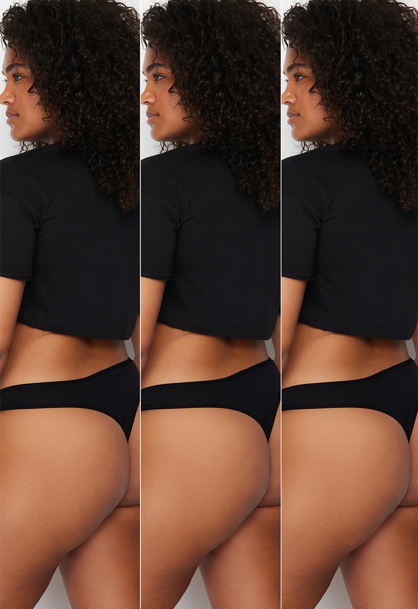 Trendyol - Plus size 3 pack cotton thong - black