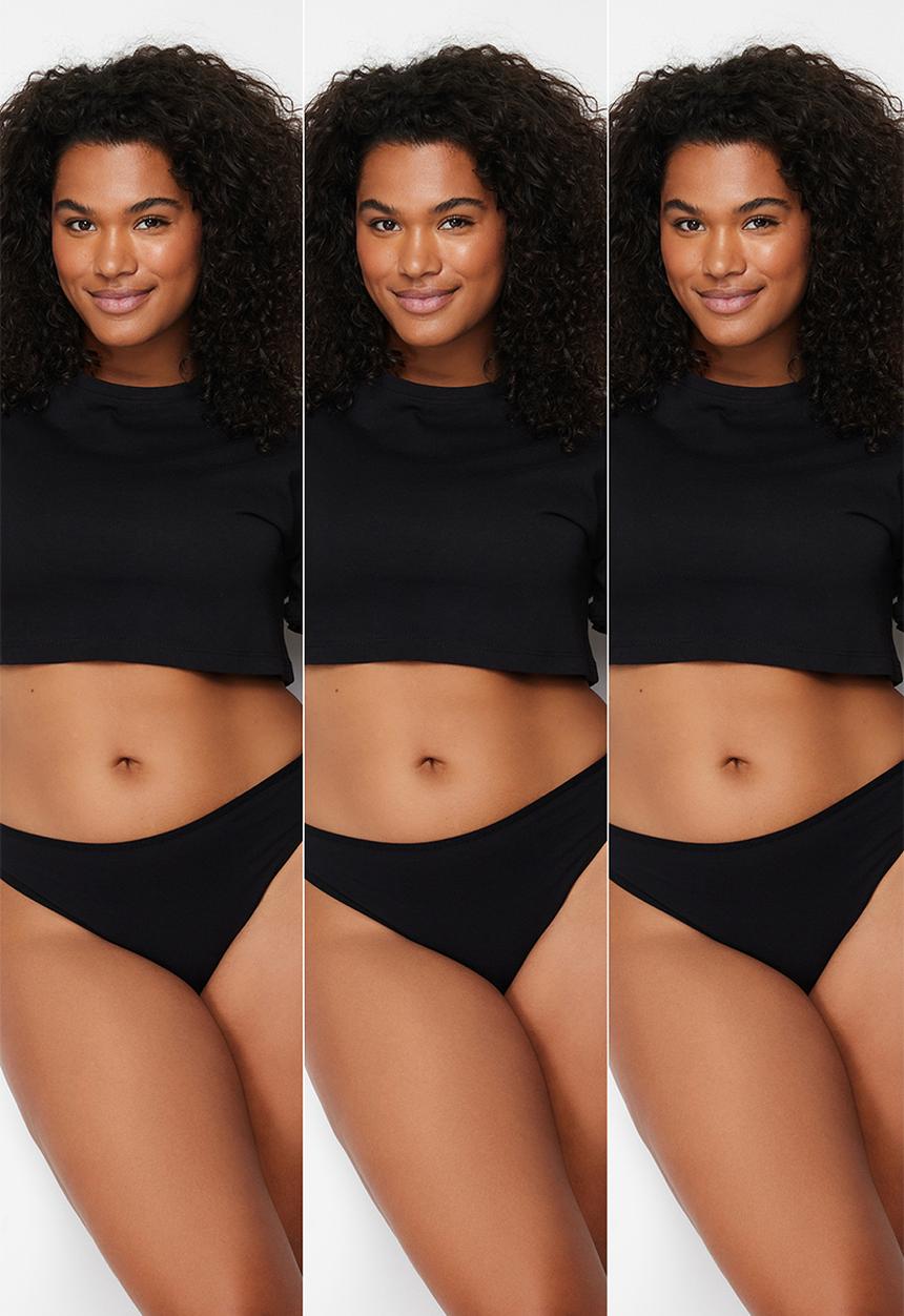 Trendyol - Plus size 3 pack cotton thong - black