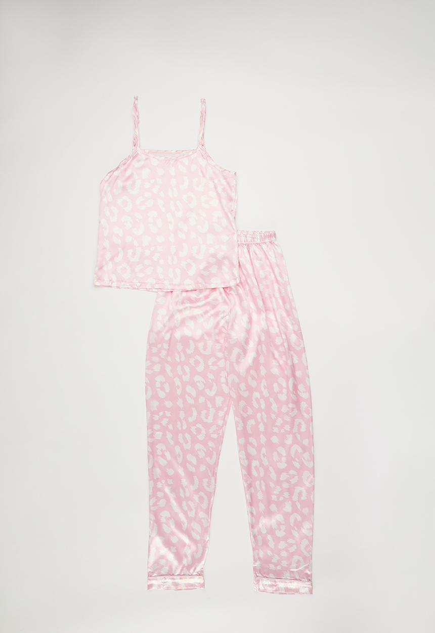Pop Candy - Silk pj top with piped cuff pants - pink/leopard print