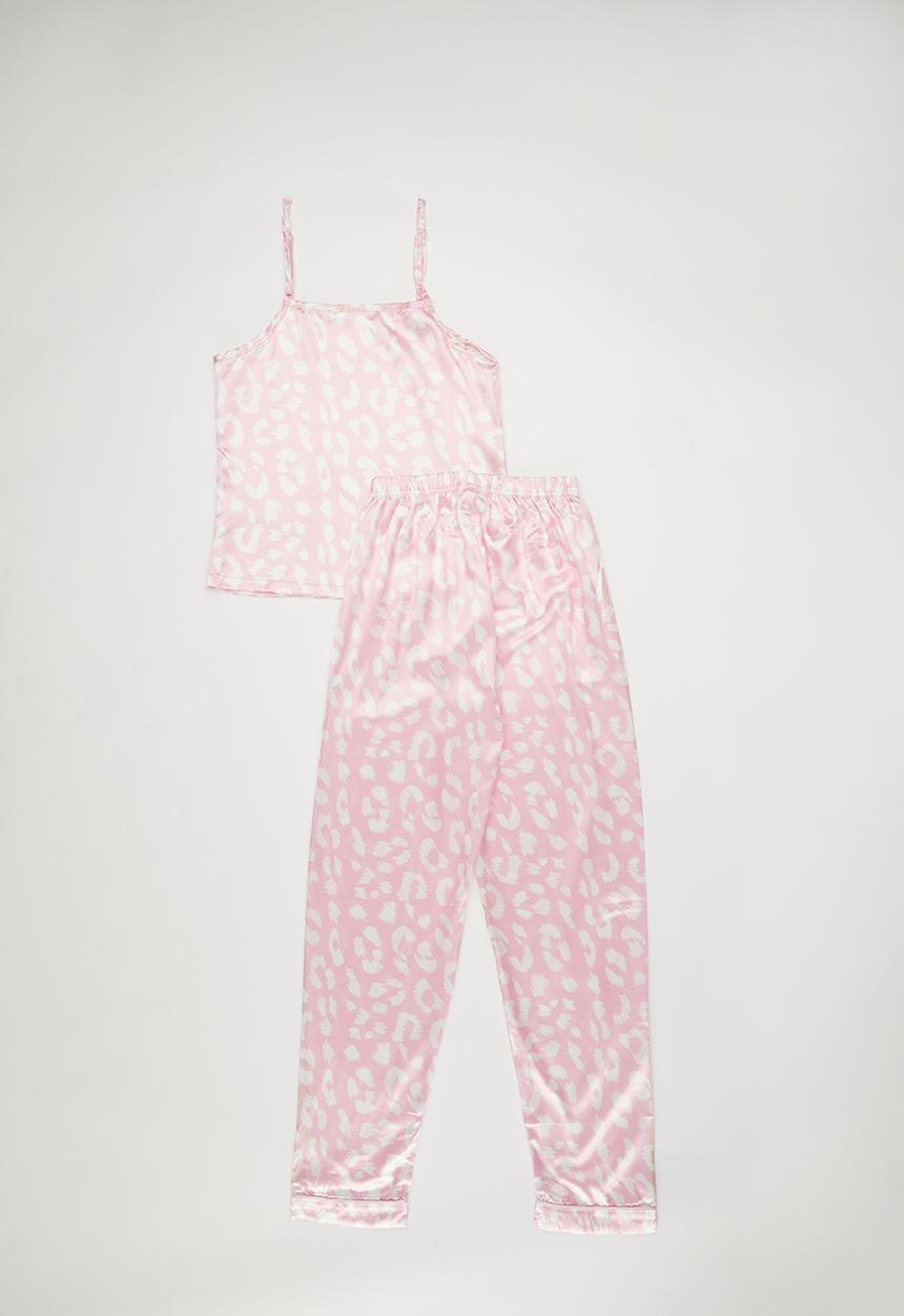 Pop Candy - Silk pj top with piped cuff pants - pink/leopard print