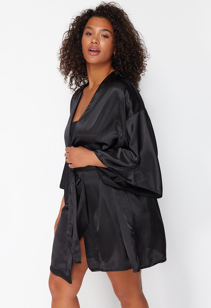 Trendyol - Plus size wide sleeve satin dressing gown - black