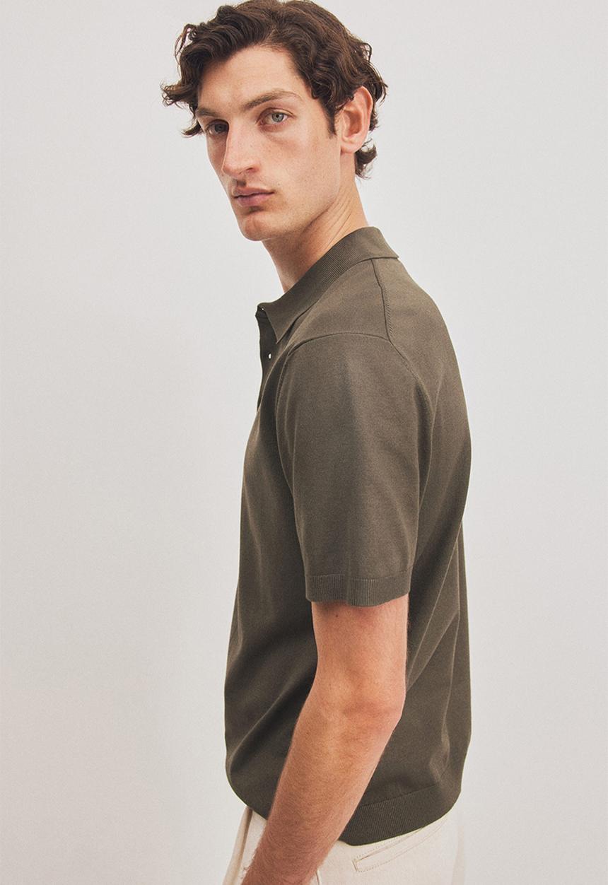 H&M - Regular fit fine-knit polo shirt - dark khaki green
