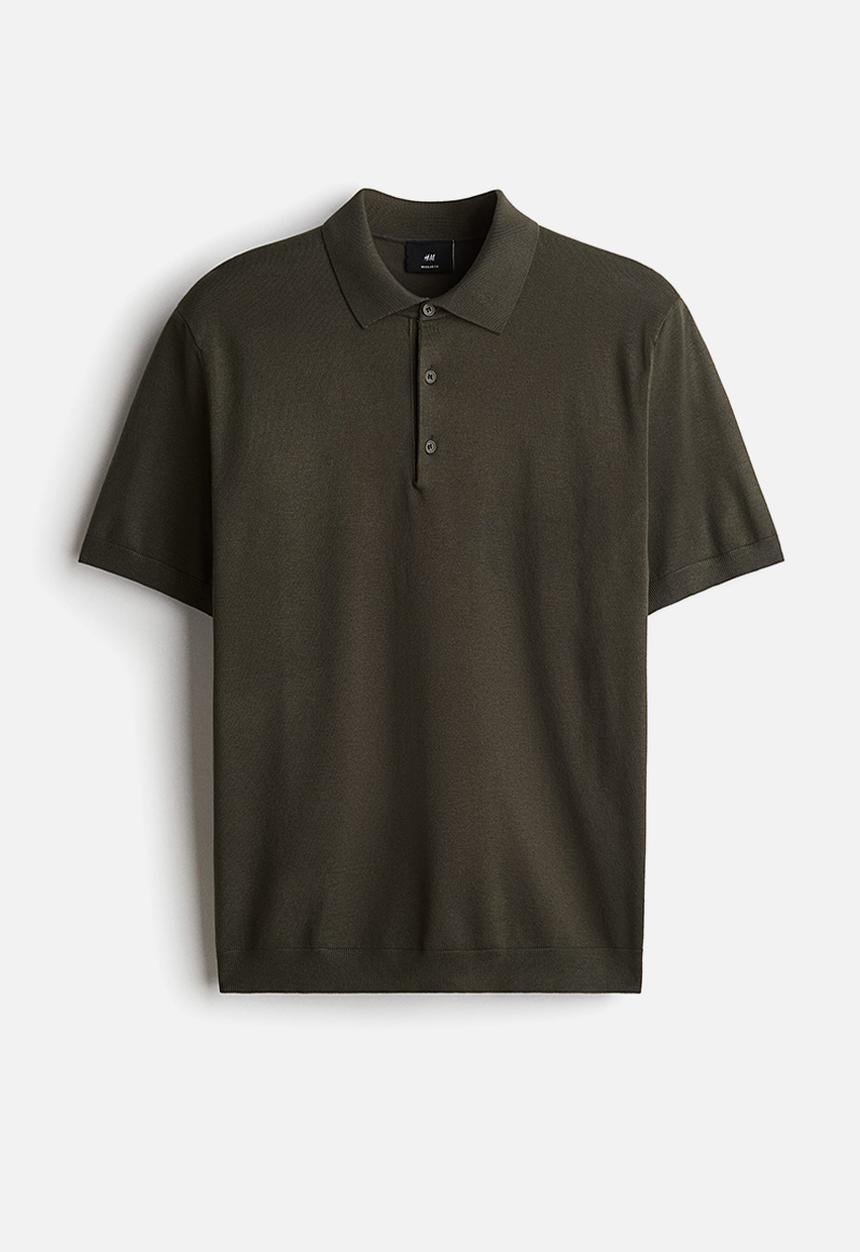 H&M - Regular fit fine-knit polo shirt - dark khaki green