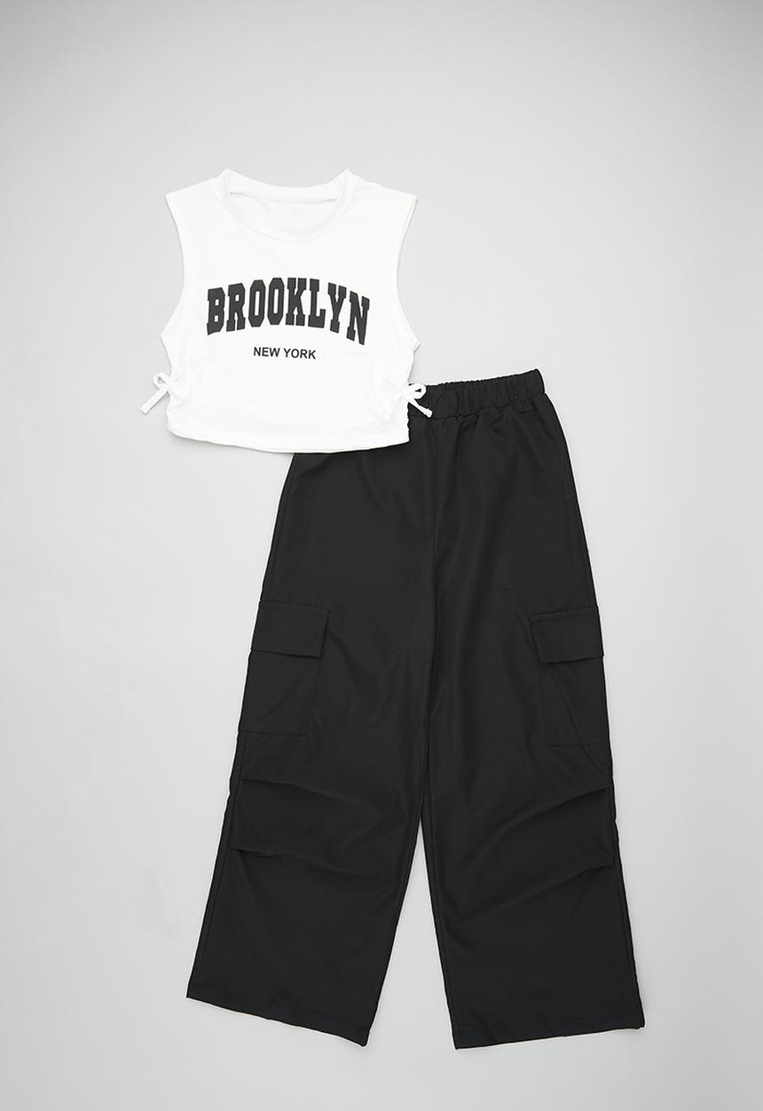 Pop Candy - Side ruched tee with wide leg pants - white/black