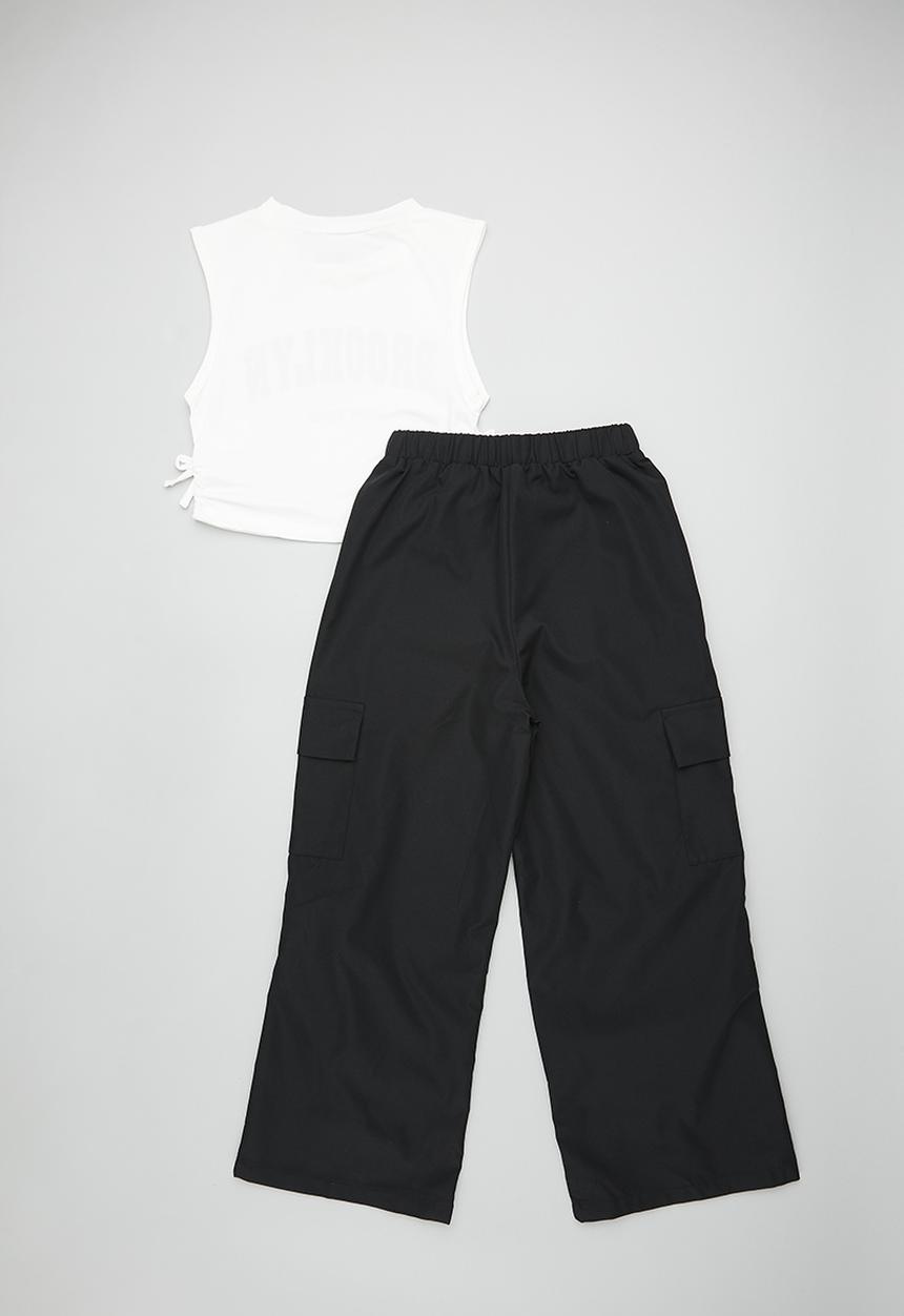 Pop Candy - Side ruched tee with wide leg pants - white/black