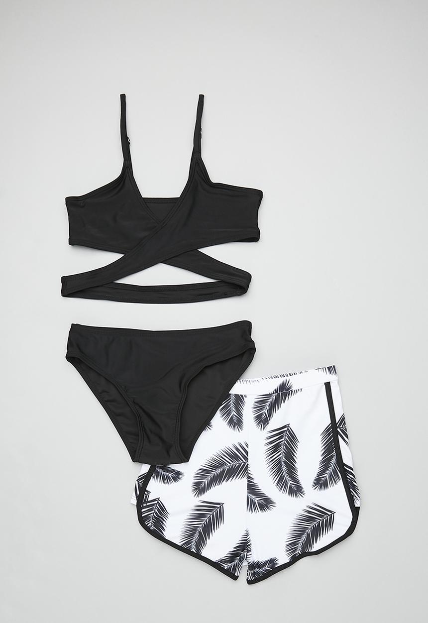Pop Candy - Bikini with curved hem board shorts- black/white/leaf aop