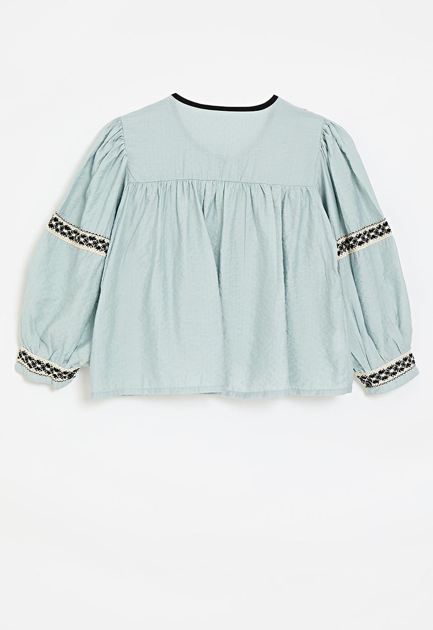 Pop Candy - Pin tucked boho blouse with woven trim detail - light blue/mutli