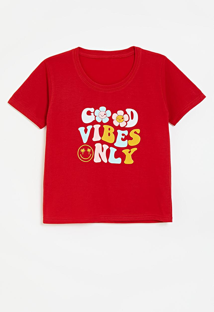 Pop Candy - Slogan print crew neck tee - red/good vibes only