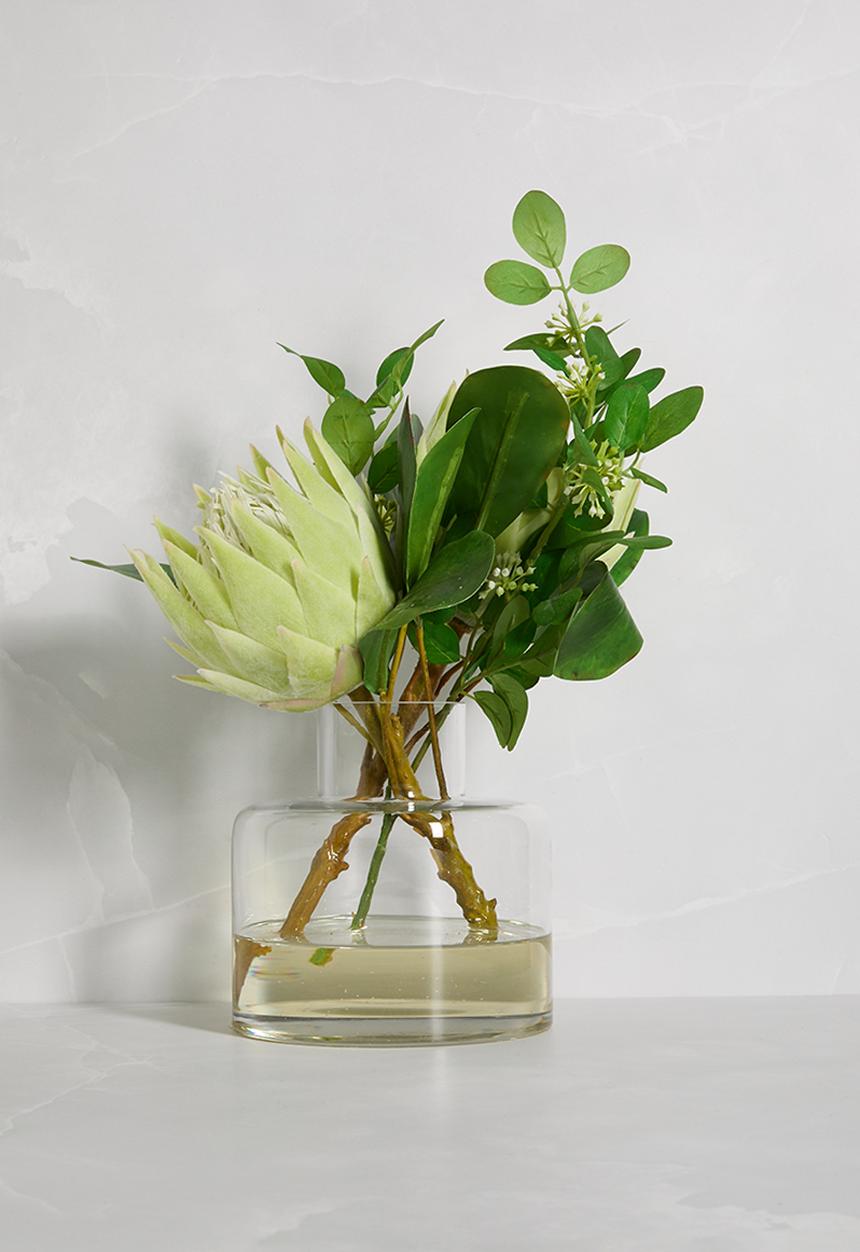 Silk By Design - Protea green with foliage in jar vase